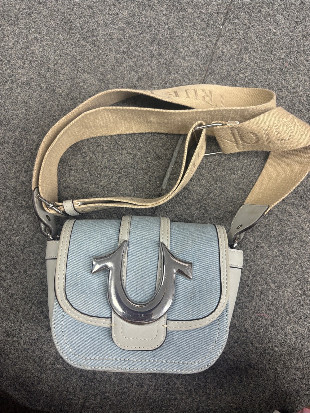 True Religion Light Blue Denim Crossbody with Beige Strap and Silver Horseshoe